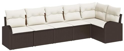vidaXL 6-teiliges Garten-Sofa-Set mit Kissen | modularer Poly-Rattan mit verstellbaren Beinen, perfekt für Balkon oder Terrasse, gemütlich in Braun und Weiß, stylish und wetterfest für den Sommer