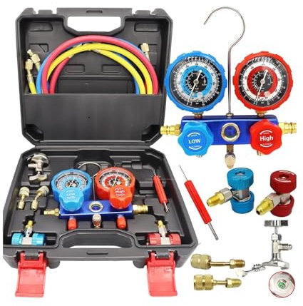 TIEOAXFT Kit de diagnóstico de Carga de Aire Acondicionado con manómetro de 3 vías - Compatible con refrigerantes R134A, R404A, R410A y R22. 2 acopladores.