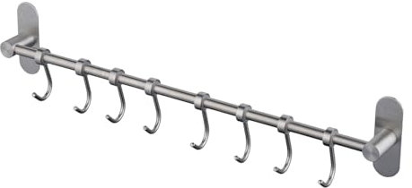 Kelelife Geschirr hängende Rack mit 8 abnehmbaren Haken keine Bohrung, Edelstahl Küche Schiene Pfanne Hanger Wandmontage Organizer für Werkzeuge, Handtücher, Töpfe, Mäntel, Hüte gebürstetes Nickel