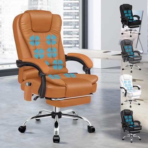 ALFORDSON Chefsessel Ergonomisch Bürostuhl Wärmemassagefunktion, Schreibtischstuhl Einziehbare Fußstütze, Besprechungsstuhl höhenverstellbarer, Drehstuhl Neigungswinkel 90°-150°,PU-Leder Braun