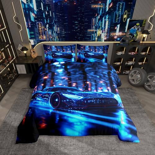 Homewish Jugendliche Auto Rennwagen Cars Bettwäsche 135x200 | Bettwäsche Speed Racing Auto Bettbezug Extremsport Spiele Bettset Rennsport Schwarz Blau Neon