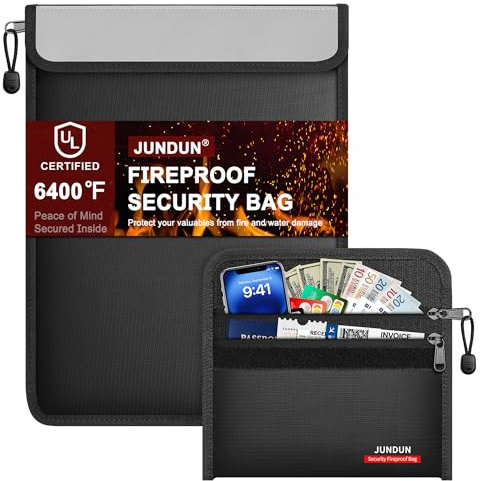JUNDUN 2er-Set Feuerfeste Tasche für Bargeld, A4 Dokument | 21,5x15cm klein Feuerfeste Geldtasche für, Pässe, Karte - 28x38cm Wasserdicht Feuerfest Dokumententasche für Unterlage