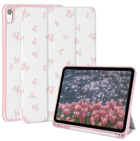 Rvciby Hülle for iPad (A16) 11/10th Generation,Rose Hülle mit Bleistifthalter, Dreifacher Ständer Schutzabdeckung für Hülle iPad 11 Zoll 2025/10.9 Zoll 2022,Rosa Blumen