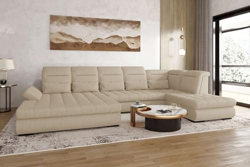99rooms Toscana Wohnlandschaft Polsterecke Couchgarnitur Velours Vogue Creme Ottomane Links, mit Schlaffunktion
