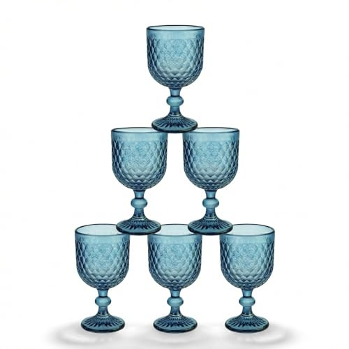 INDE SANTA CLARA | Set 6 Copas de Agua Cristal 350cc Orbel Azul, Copa Vaso Vino de Vidrio Relieve Azul, Aptas Lavavajillas y Microondas