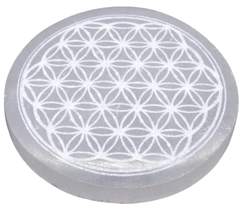 VLNET | Disque Sélénite | Plaque Énergétique | Ø 10 cm – Gravé | Recharge Cristaux, Pierres et Bijoux | Décoration Spirituelle | Méditation, Reiki et Chakra (1, Fleur de Vie)