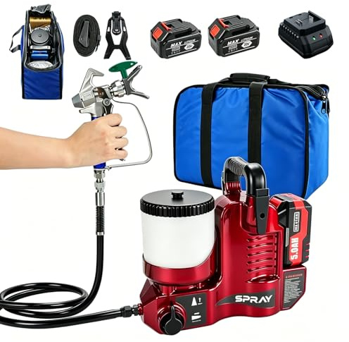 Portable Paint Sprayer 15MPa 550W Battery Powered, Electric Spray Gun with 6 Speeds, 1.8m Hose, 1.2L Tank, for Interior Walls, Exterior Projects, Furniture, Metal and Renovation Work Red