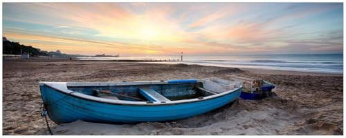 Wallario Küchenrückwand selbstklebend 115 x 50 cm, Motiv: Fischerboot am Strand bei Sonnenuntergang | Spritzschutz abwischbar & pflegeleicht