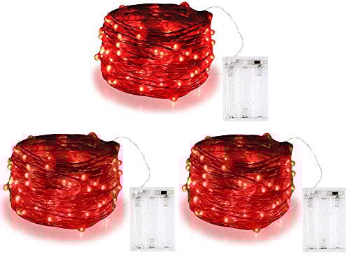 BOLWEO LED Lichterkette, 10Ft/3M 30Leds Weihnachtsschnur-Lichter LED Outdoor LED String Lichterkette Batterie Betrieben, Wasserdicht Lichter für Weihnachtsbaum CHRISTMAS, Festlich (Rot, 3 Pack)