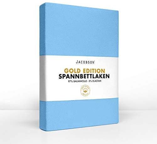 Jacobson Gold Edition Jersey Spannbettlaken Spannbetttuch Baumwolle mit ELASTAN ca. 200 g/m² (90x200 cm - 100x200 cm, Hellblau)