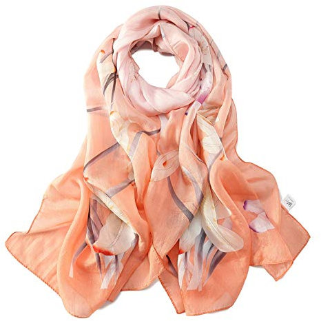 JWSilk Sciarpa lunga in chiffon di seta con stampa floreale, Arancione 2., 69x26