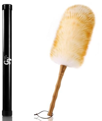 Green Vivid Lambs Wool Duster with Solid Bamboo Handle,Leather Hang Strap,18.9 inch Long,Natural Feather Duster for Cleaning Ceiling Fans,Window Blinds,Computer Screens,Bookshelves etc