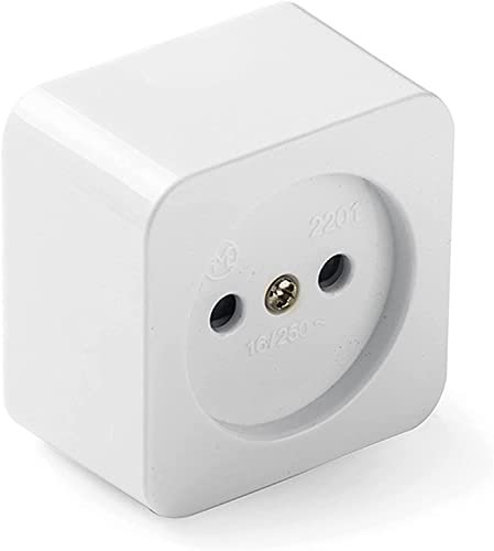 CABLEPELADO Base enchufe superficie | Enchufe sin TT | Toma de corriente superficie | Base enchufe bipolar | 55 x 55 mm | Porta contactos en porcelana | Protección infantil | 16A | 250V | Blanco