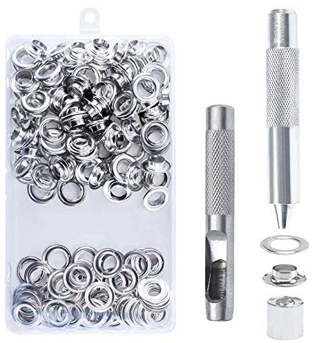 HO2NLE 203pcs Kit Ojetes Metalicos 14mm de Acero Inoxidable Ojales para Lonas con Herramienta de Ojetes Metal y Caja de Almacenamiento Ojetes Plateadas para Toldos Cuero Cortinas Banderas Carpas