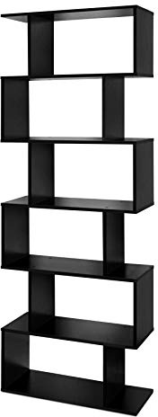Lillyvale Wood Bookcase Bookshelf S Shape 6 Tier Shelves Free Standing Shelving Storage Display Unit Organizer for Living Room Black White (Black)