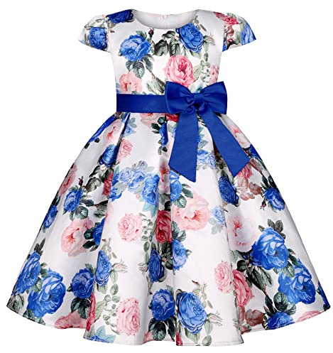 BUNNY LULU Robe pour Filles à épaule inclinée pour Demoiselle d'honneur, Princesse de Mariage, nœud d'anniversaire pour Enfants, soirée de Bal de fête de Boule (Bleu,4-5Ans)