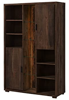 Massivmoebel24.de | BARK by WOLFMÖBEL - Schrank aus Massivholz #201 inkl. LED-Beleuchtung | Akazienholz - Dunkelbraun, lackiert| 118 x 40 x 180 cm | 2 Türen - 15 Fächer | echte Baumrinde