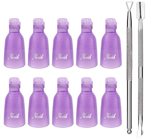 Haobase 10 Pcs Plastic Acrylic Nail Art Soak Off Cap Clip UV Gel Polish Remover Wrap Tool and 2 Pcs Cuticle Pusher