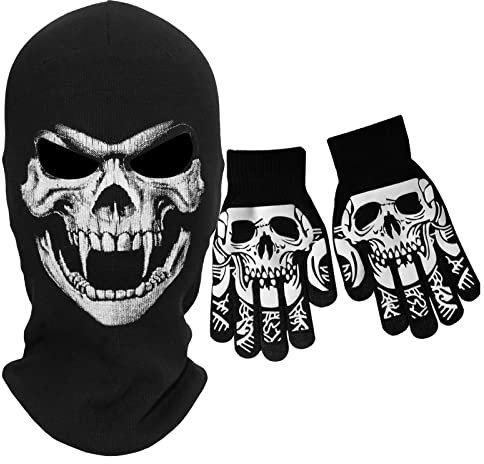 SGHE Skelett Schädel Halloween Sturmhaube Vollgesichtsmaske Mit Totenkopf-Handschuhe für Geschenk Spiel Cosplay Kostüm Radfahren Outdoor Sport Camping Wandern Warm