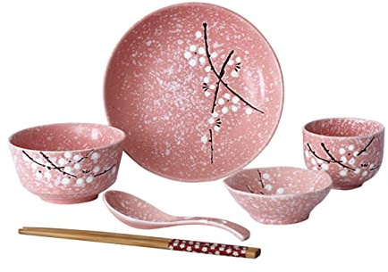 Service de Vaisselle Céramique Japonaise 6 Pièces Rose | Assiette Japonaise, Bol, Tasse, Cuillère et Baguettes, Ensemble Élégant Maison