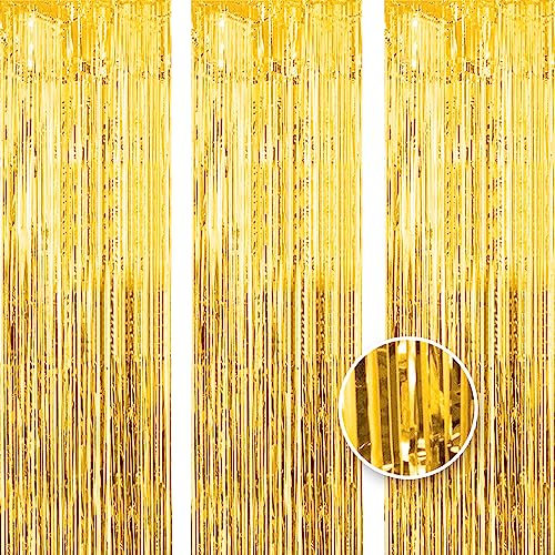 OWill 3pcs 3ft X 8.3ft Gold Metallic Tinsel Curtains Aluminum Foil Flow Silk Curtain Background Streamer Birthday Party Wedding Holiday Backdrop Decoration