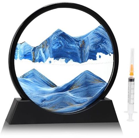DBREAKS Peinture de sable rotative 3D, decoratif 3D cadre sable mouvant, cadre sablier en verre rond, peinture de sable dynamique, décoration de table de pour les adultes et les enfants,Bleu / 7