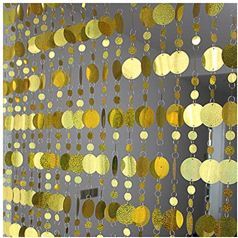 Queenbox 5Pcs 39.4in Laser Round Sequin Beaded Curtain, Sparkle Door String Curtains for Festivals Party Wedding Room Divider, Gold