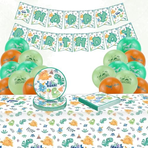LbsAMP 40Pieces Party Tableware Set Dinosaur Party Supplies Themed Plates Napkins Happy Birthday Banners Balloon and 1 Tablecloth Disposable for Children's Theme Birthday Party - 10 Guests