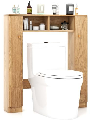 COSTWAY Over The Toilet Cabinet, Freestanding Bathroom Space Saver with 4 Adjustable Shelves, Double Door & 2 Open Compartments, Wooden Washing Machine Storage Rack Laundry Organizer Unit (Nature)