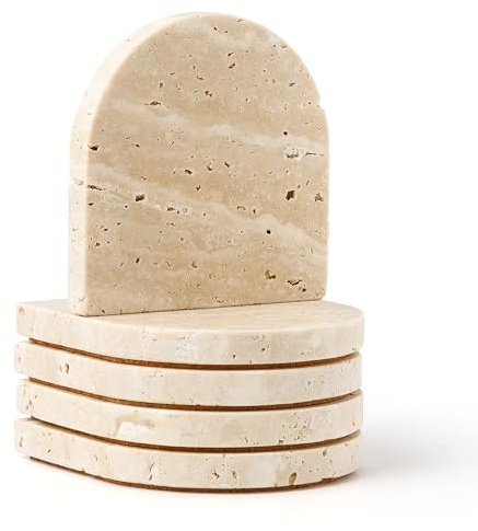 WORHE Marble Coaster for Drinks Set of 5 Natural Travertine Coasters for Home Decor Coffee Table, Modern Style Stone Cup Mat for Housewarming Party Hotel Bar Christmas Anniversary Present Beige DL020