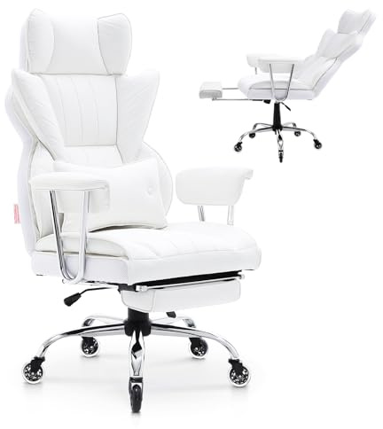 VEVOR Reclining Office Chair with Footrest, Heavy Duty PU Leather Oversize Office Chair, Big and Tall Executive Office Chairs with Lumbar Support, Strong Metal Base Quiet Wheels, White