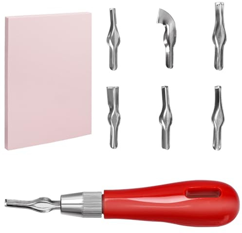 Tanstic 2Pcs Rubber Stamp Carving Kit, Includes 4 x 6 Inch Rubber Block Stamp Carving Block with Cutter Tools, Stamp Making Kit Linoleum Cutter with 6 Types Blades for Printmaking, Printing