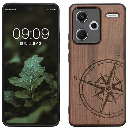 kwmobile Hülle kompatibel mit Xiaomi Redmi Note 13 Pro+ 5G / Redmi Note 13 Pro Plus 5G Hülle - Holz Case - Handy Cover - TPU Handyhülle in Dunkelbraun Kompass Vintage