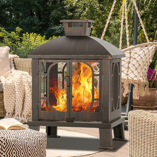 Panovue 114,3 cm H x 78,9 cm B Metall-Kamin-Feuerstelle mit Grill, Holz-Feuerstelle für draußen, quadratischer Kamin mit Netz-Funkschutztür und Feuerschürhaken für Garten, Hof, Grill, Lagerfeuer