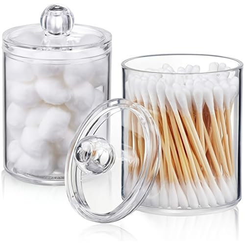 XINCHENG 2 Pièces Distributeur de Coton, Boite Coton Tige, Boite Salle de Bain, Acrylique Rangement Coton Tige pour Cosmétiques Maquillage Transparent