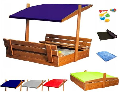 Sandkasten aus Holz mit Sitzbank Dach Abdeckung Imprägniert Sandbox 150 cm (Dunkelblau)