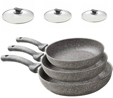 Lot de 3 poêles antiadhésives avec couvercle 20 – 24 – 28 cm, effet pierre pour induction, cuisson sans huile, idéal pour viande, poisson et légumes, fabriqué en Italie