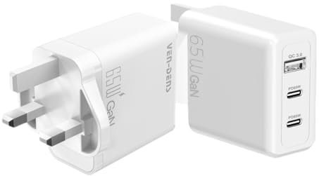 VEN-DENS 65W USB C Plug, Fast Charger UK Plug, PD Power Adapter + QC Multi-Port Mains Wall Charger Type C Charging Plug Compatible with MacBook Pro/Air, iPhone 16/15 Pro Max/15, iPad (3 Port, Normal)