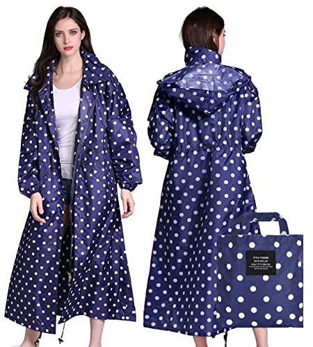 LAMA Womens Long Raincoats with Hood, Waterproof Reusable Packable Rain Coat with Long Sleeves for Adults Womens Ladies, Rain Coat for Bike Moto Riding Hiking Trekking, BlueDots
