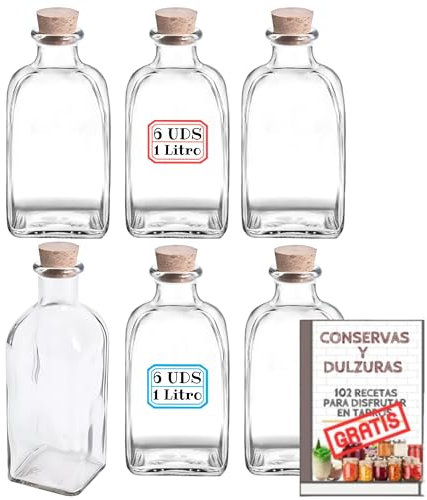 Pack 6 Frascas de Cristal de 1 litro con Tapón de Corcho - Frascos Cuadrados Herméticos Rellenables y Reutilizables Resistentes para Bebidas, Aceite, Vino, Licor... Incluye Etiquetas (1000 cc)