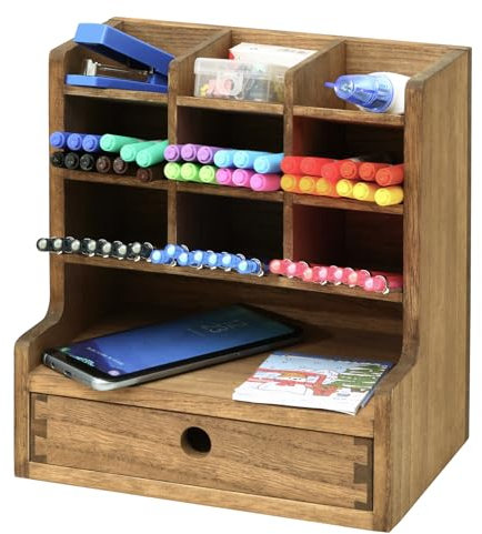 KIRIGEN Holz Stifthalter aus Kiriholz mit Schublade – Eleganter Schreibtisch Organizer und Stiftehalter für eine ordentliche Schreibtischorganisation gelb-braun