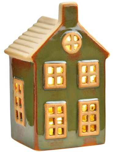 LED Lichthaus beleuchtetes Dekohaus als Weihnachtsdeko in Grün - Festliche Deko für Weihnachten, Winterdeko & Zimmerbeleuchtung, 6 x 11 cm - Scandi Lichterhaus aus Keramik als Tisch- und Fensterdeko