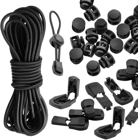 Cordon élastique en caoutchouc de 10 m de long de 3 mm - Avec 40 bloqueurs de cordon - 20 bloqueurs de cordon - 2 trous - Pour cordon de serrage, sac à dos, cordes à linge, lacets