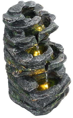 Makamsui Fontaine à eau en cascade à 6 niveaux pour jardin, décoration de jardin avec lumière chaude LED pour terrasse, jardin, porche et décoration d'intérieur, gris