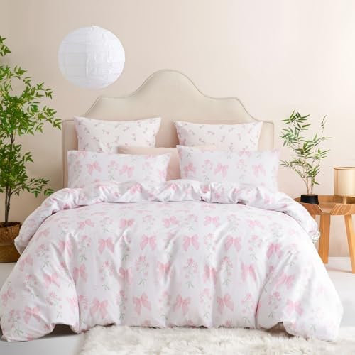 Tospass Blumen Bettwäsche 155x220cm Weiß Rosa Floral Schleife Bettwäsche Set Fliege Mädchen Mikrofaser Bettbezug 1 Deckenbezug mit Reißverschluss und 1 Kissenbezug 80x80cm