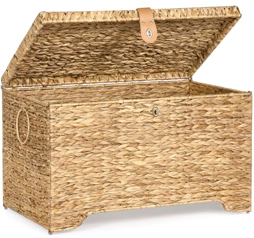 Handwoven Storage Basket with Lid, 165L Wicker Storage Bin, Natural Water Hyacinth, Leather Buckle & Metal Frame, Metal Ring Handles for Easy Transport, Storage Chest & Trunk for Bedroom, Living Room