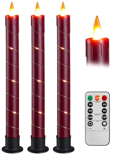 LED Stick Kerze mit Timer-Funktion, blinkende Flamme LED Echtwachskerze mit Fernbedienung, Märchenleuchte Kerze LED 3 Stück (2 x 25CM) für Weihnachtsdekoration, Raumdekoration, Hochzeit & Party (rot)