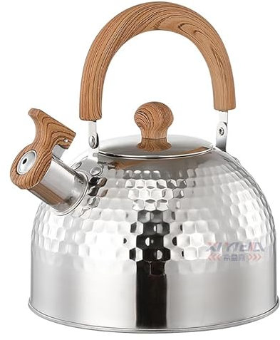 2L Camping Whistling Kettle, Hammered Finish Camping Kettle with Wooden Handle, Stainless Steel Stove Top Kettles with Whistle, Portable Teapot for Gas Stove Camping Outdoor Kitchen