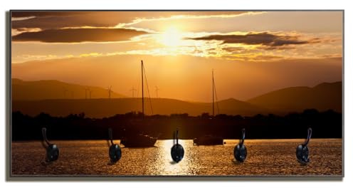 Wallario Wandgarderobe aus Holz in Größe 80 x 40 cm in Premium-Qualität, Motiv: Schiffe in der Abenddämmerung auf dem Meer | 5 Kleiderhaken zum Aufhängen