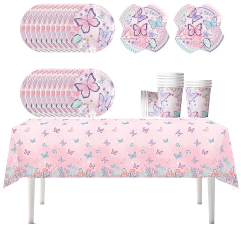 Fuwraixis Vaisselle de fête papillon rose, vaisselle thème insecte, Set d'assiettes en papier pour anniversaire d'enfant, Convient aux Réunion de famille Mariage, Disponible pour 20 personnes